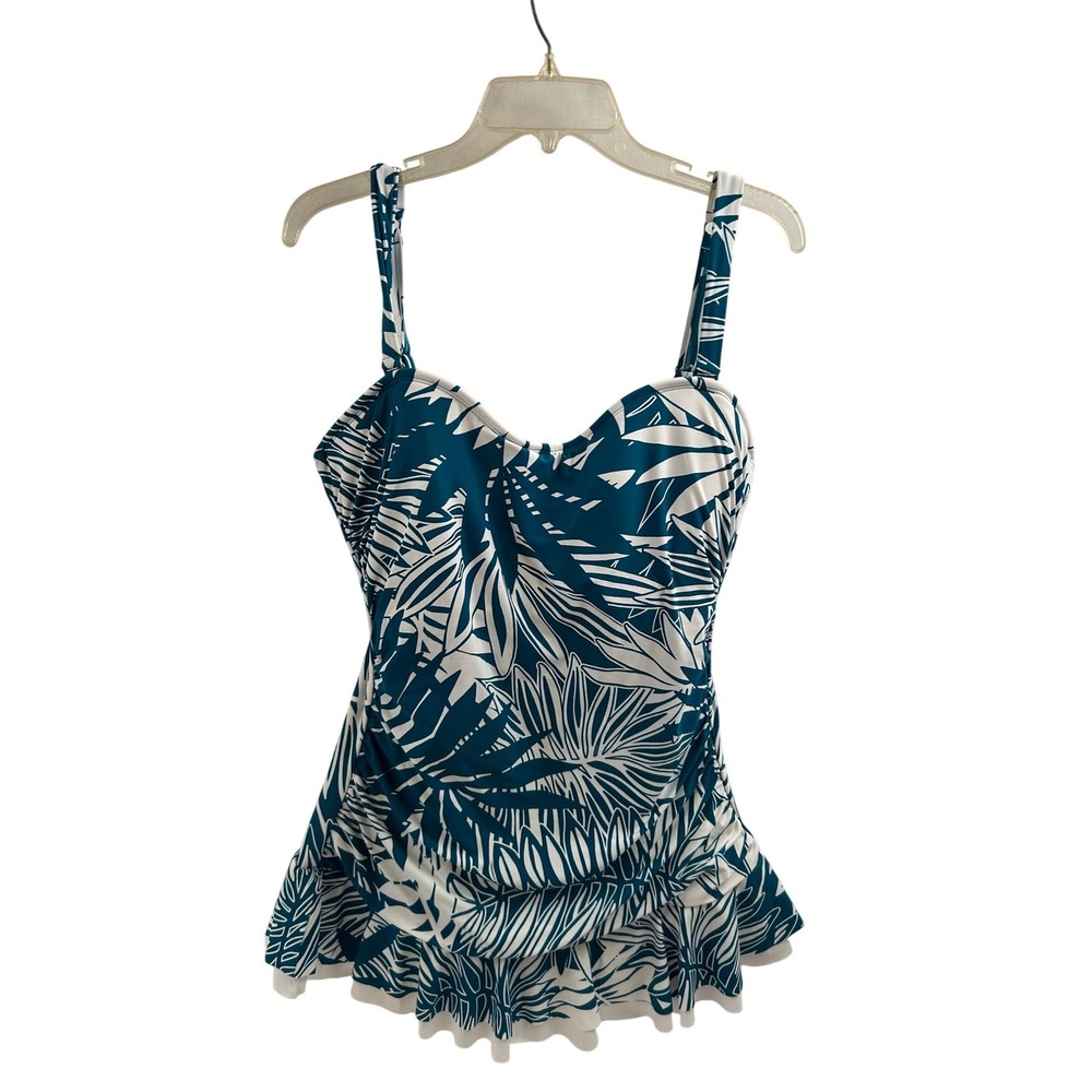 Beach House Swimdress 16 Teal White Tropical Palm Print One Piece Womens